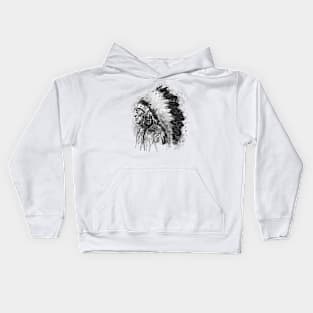 Black and White Watercolor Portrait-Native American Chief Profile Kids Hoodie